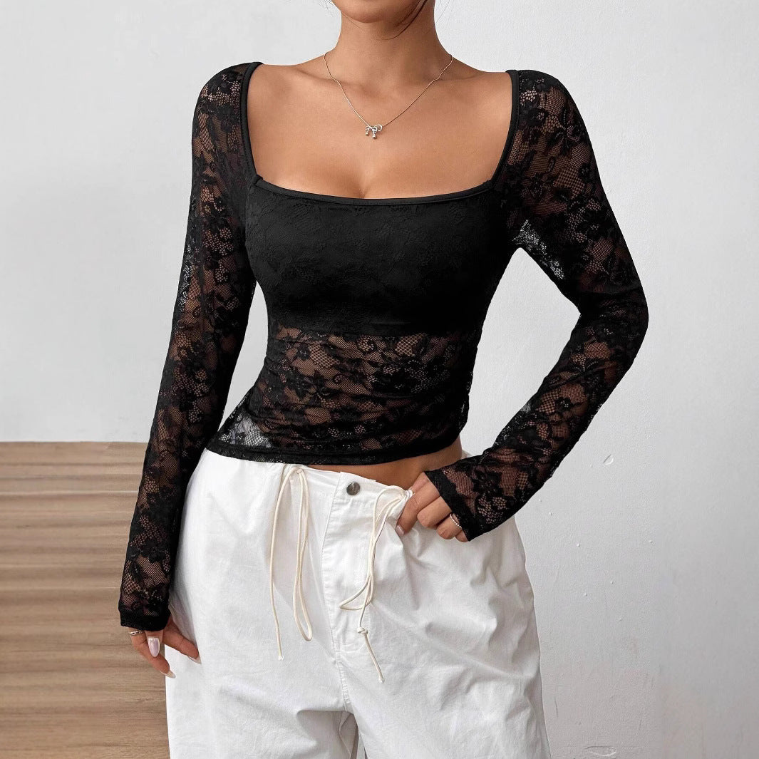 Damen Transparente Spitzenbluse mit langen Ärmeln und elegantem Ausschnitt R&B