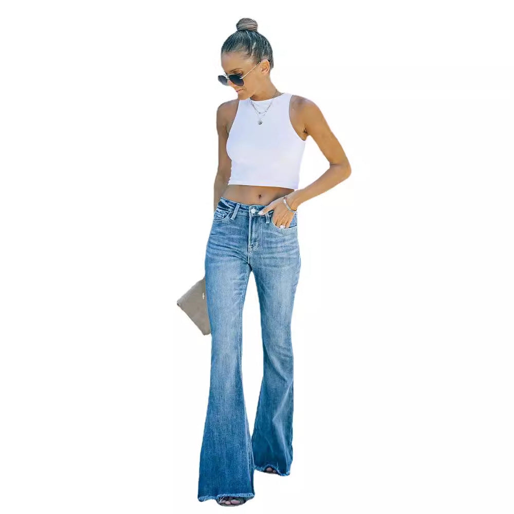 Damen Flared Jeans im lässigen Vintage-Stil mit hohem Bund und fransigem Saum R&B