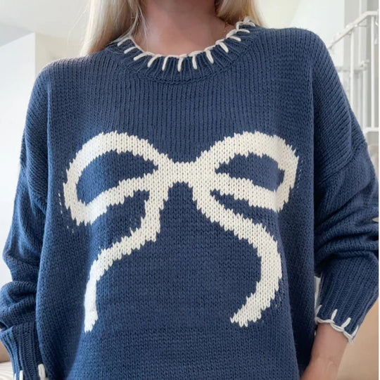 Damen Grob gestrickter Pullover mit dekorativem Schleifenmuster und kontrastierenden Abschlüssen R&B