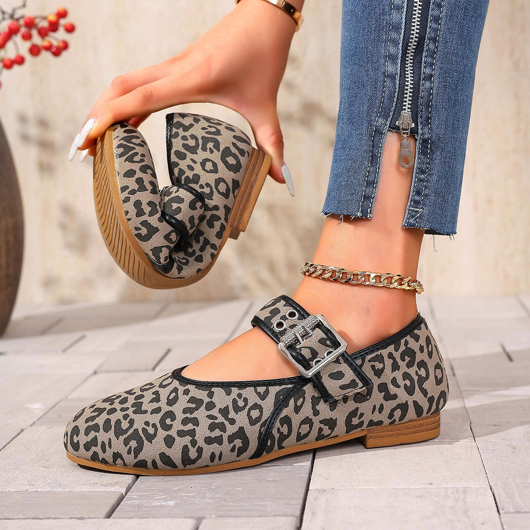 Damen Mary Jane Ballerinas mit modischem Leopardenmuster und bequemer Schnalle R&B