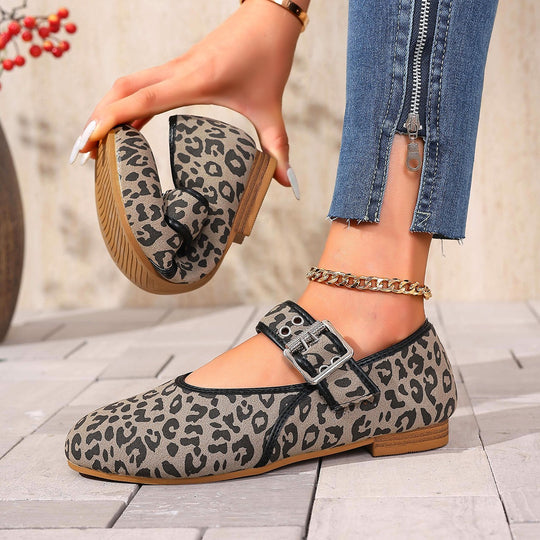 Damen Mary Jane Ballerinas mit modischem Leopardenmuster und bequemer Schnalle R&B