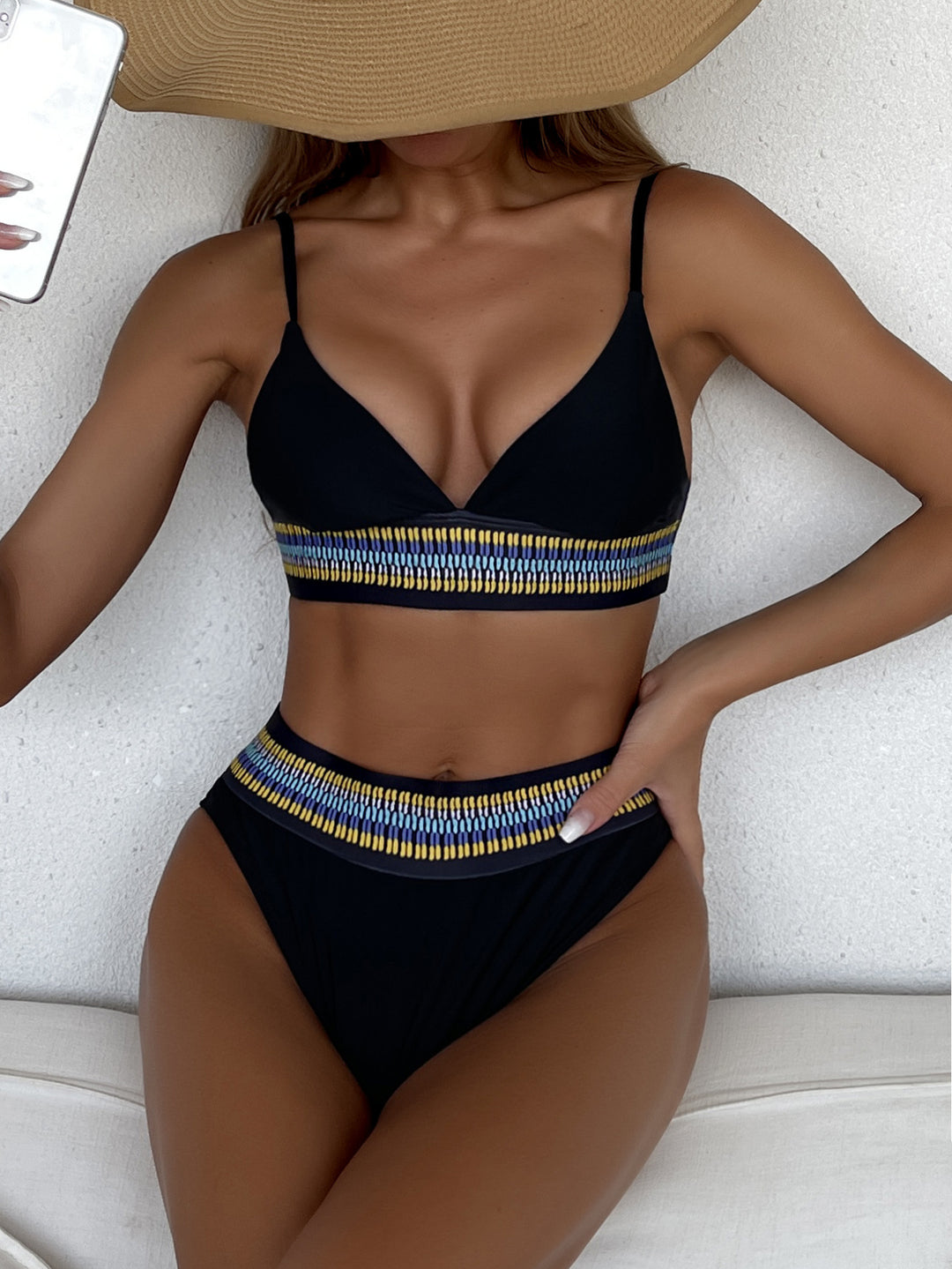 Damen Hochtaillierter Bikini mit buntem Jacquard-Bund R&B