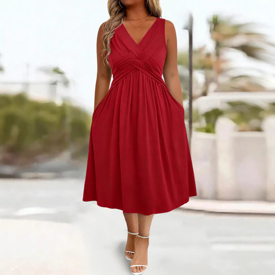 Damen Sommerkleid mit tiefem V-Ausschnitt und Seitentaschen R&B
