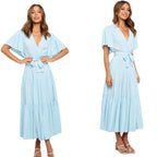 Damen Maxikleid mit tiefem V-Ausschnitt und schwingenden Ärmeln R&B