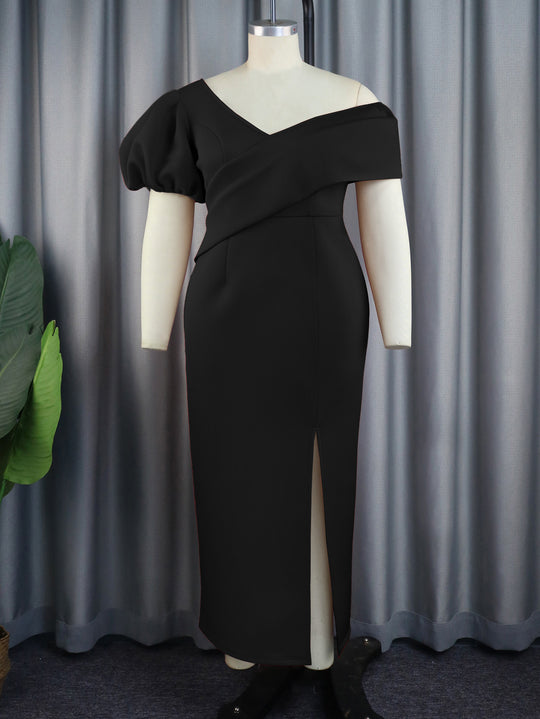 Damen Elegantes, figurbetontes Abendkleid mit asymmetrischem Ausschnitt und Puffärmeln R&B