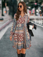 Damen Boho-Minikleid mit langen Ärmeln und buntem Muster R&B