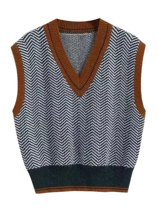 Damen Strickpullover mit V-Ausschnitt und modernem Zickzackmuster R&B