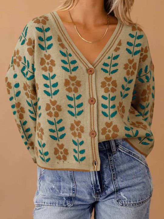 Damen Strickjacke mit floralem Design und Knopfdetails R&B