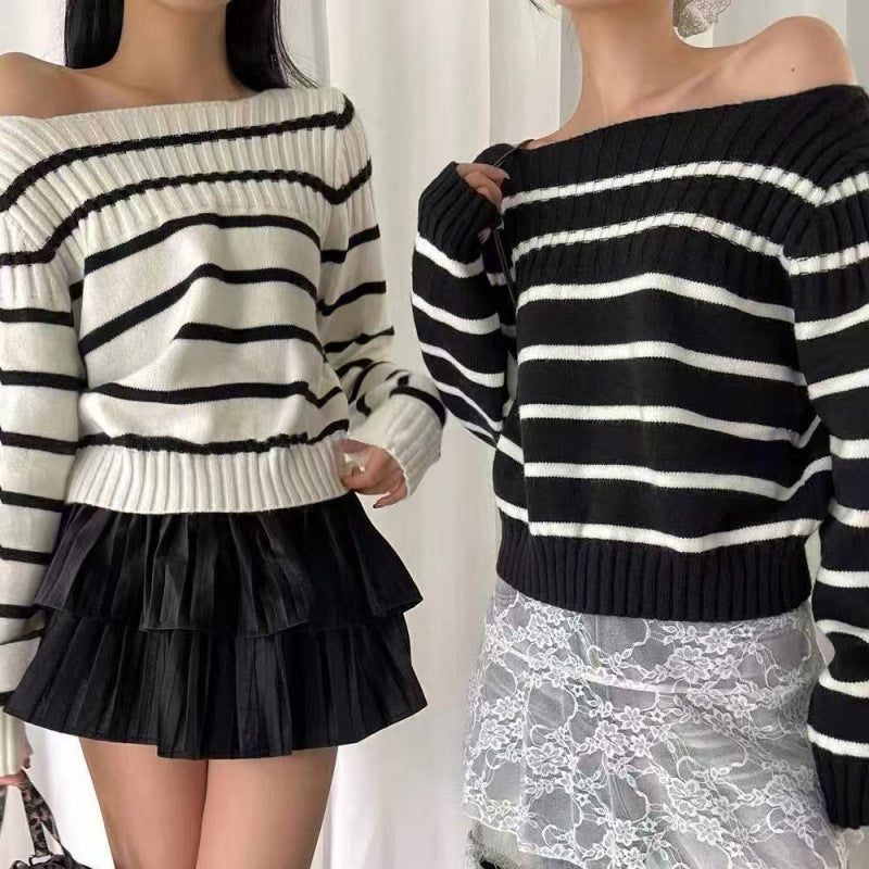 Damen Off-Shoulder Streifenpullover mit Rippstruktur R&B
