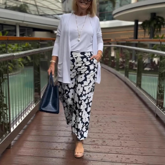 Damen nan weite Palazzohose mit großblumigem Print, hohem Bund und Eingrifftaschen R&B