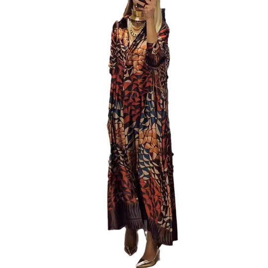 Damen nan fließendes Satin-Hemdkleid mit Hemdkragen, geometrischem Mosaikprint und legerer Maxilänge R&B