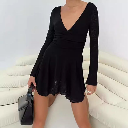 Damen Verspielt geschnittenes Minikleid mit V-Ausschnitt und langen Ärmeln R&B