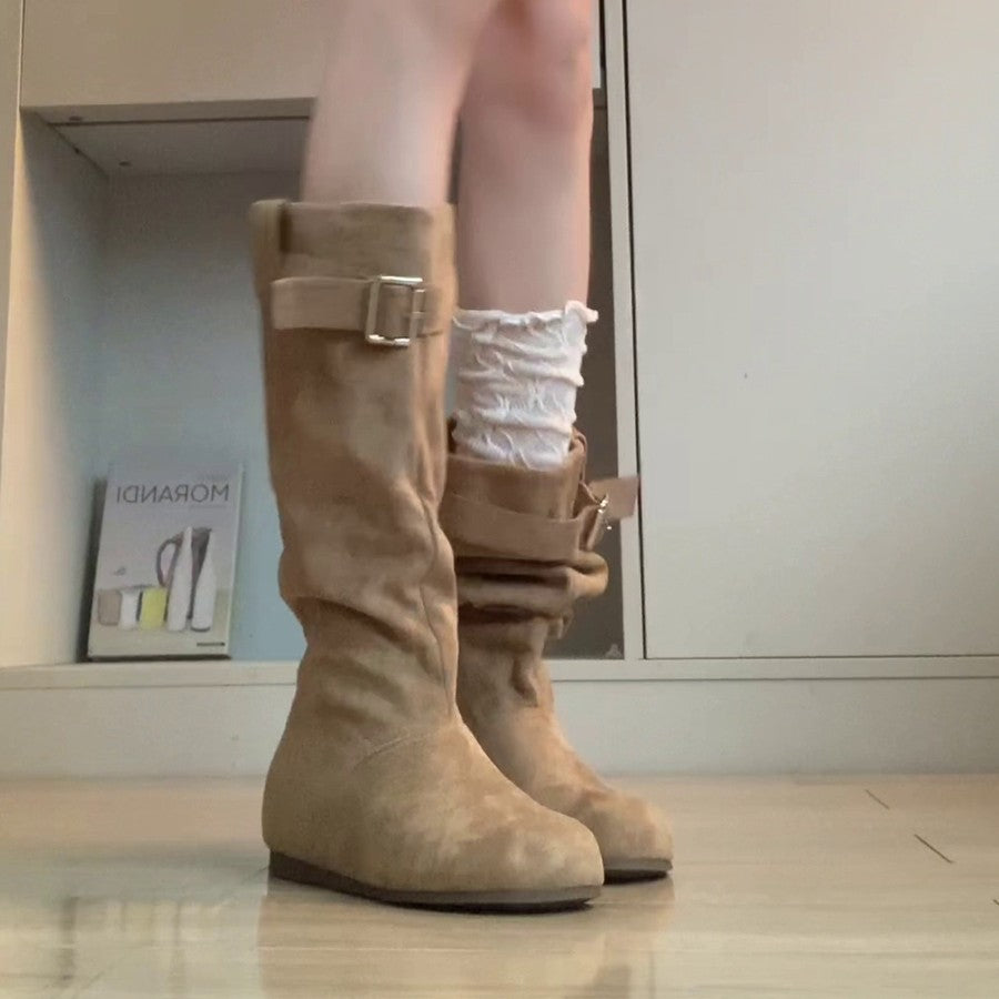 Damen Elegante und lässige Winterstiefel mit modischem Falten-Design und praktischer Schnalle R&B