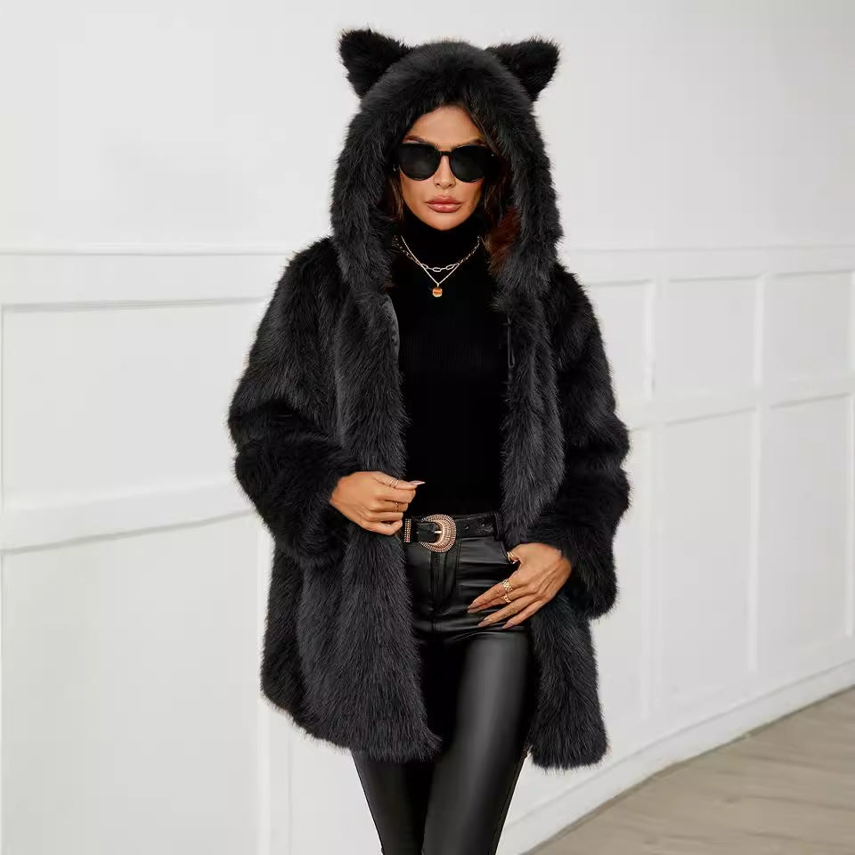 Damen Kuschelige Kunstpelzjacke mit Kapuze und Ohren R&B