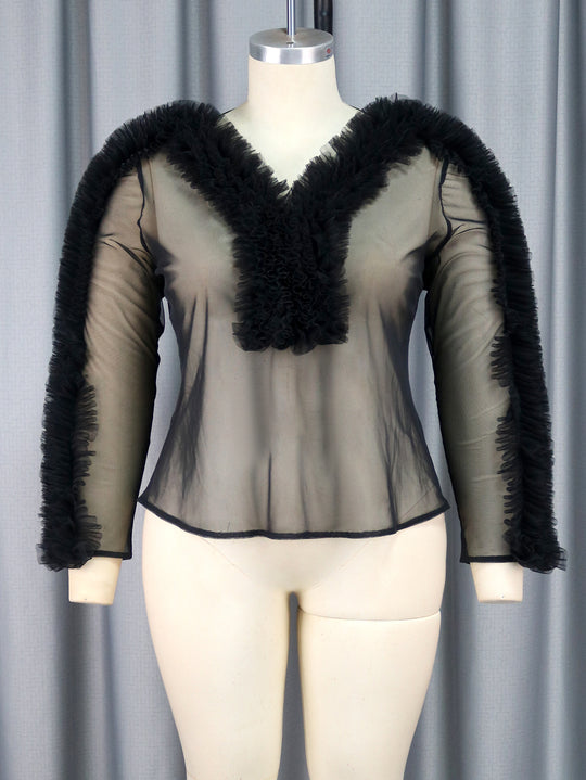 Damen Elegante transparente Bluse mit rüschenverzierten Ärmeln R&B