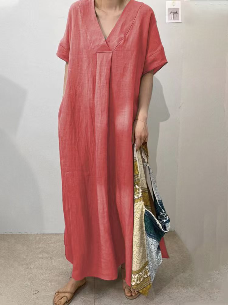 Damen Langes Leinenkleid mit V-Ausschnitt und lässigem Schnitt R&B