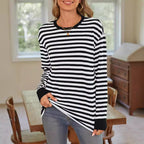 Damen bequemes Langarmshirt mit gestreiftem Design und Rundhalsausschnitt R&B