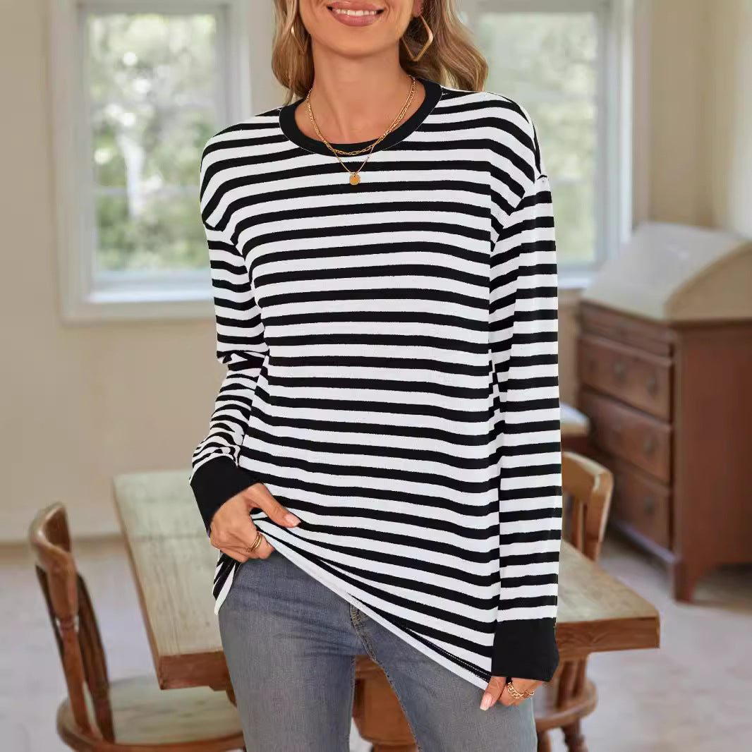 Damen bequemes Langarmshirt mit gestreiftem Design und Rundhalsausschnitt R&B