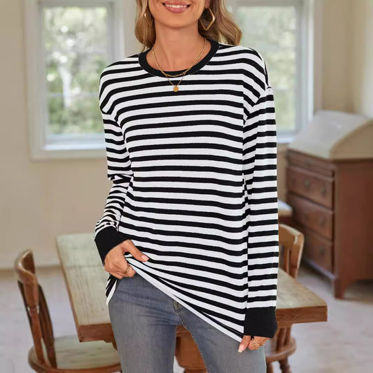 Damen bequemes Langarmshirt mit gestreiftem Design und Rundhalsausschnitt R&B