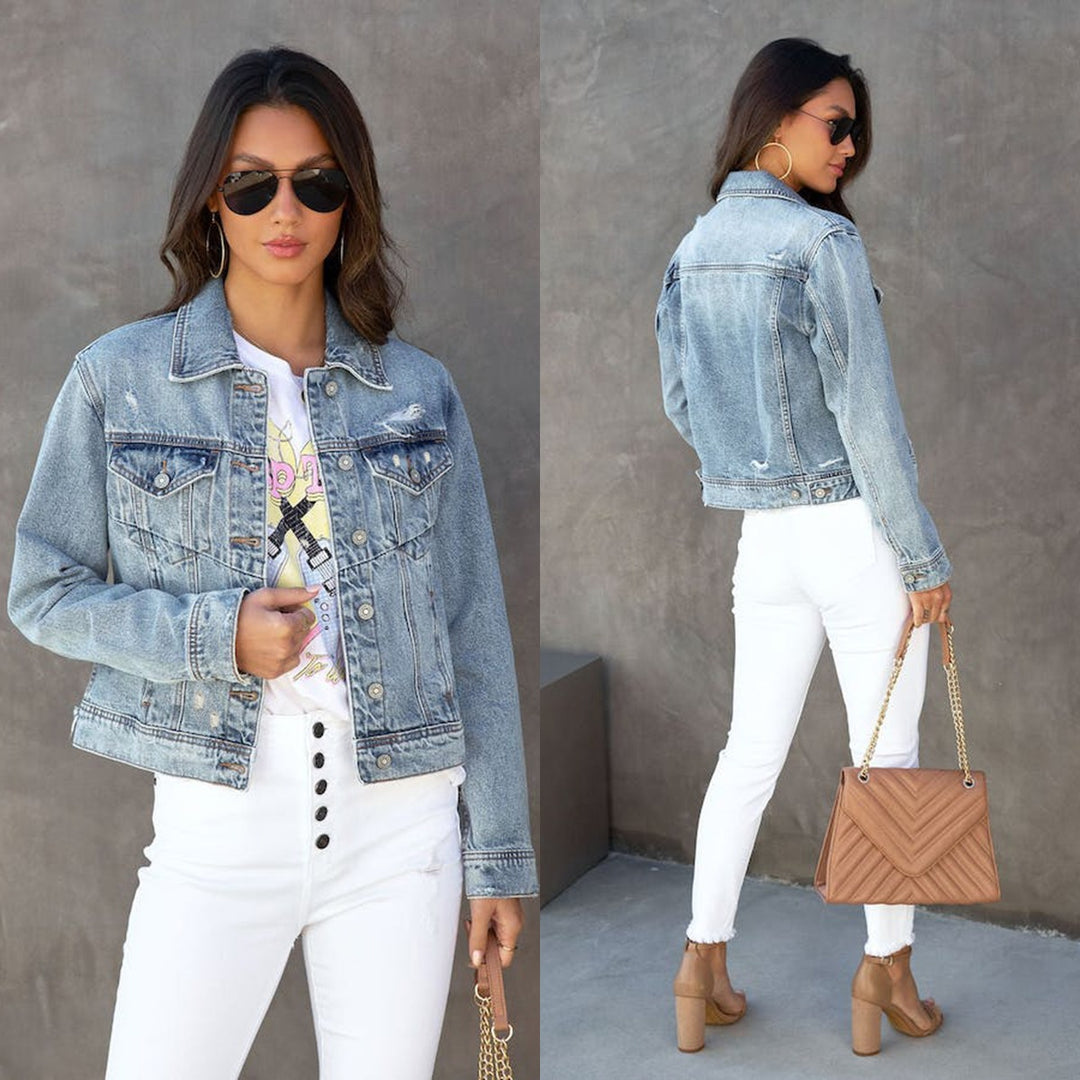 Damen trendige Denimjacke im lässigen Oversize-Schnitt mit fransigen Ärmeln R&B