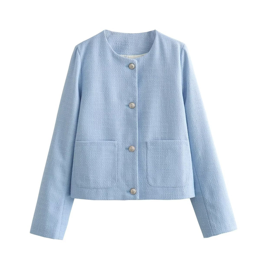 Damen elegante Kurzjacke mit dekorativen Knopfdetails und praktischen Taschen R&B