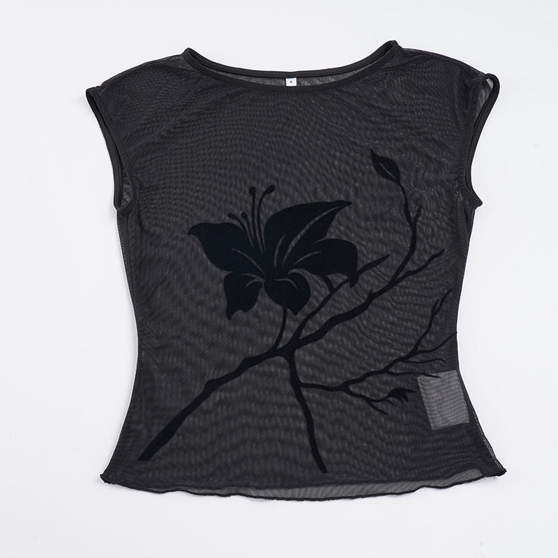 Damen transparente Mesh-Bluse mit floralem Druck R&B