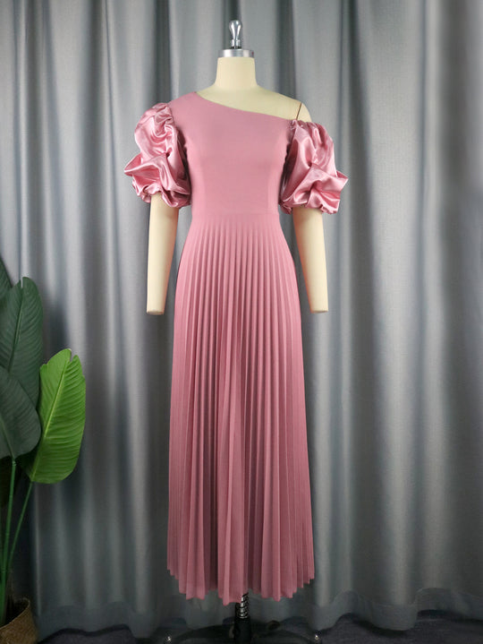 Damen elegantes Maxikleid mit asymmetrischem Schnitt und voluminösen Puffärmeln R&B