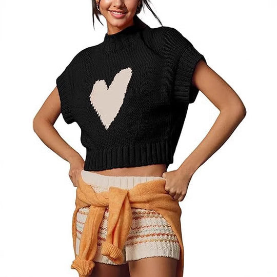 Damen lässiger Kurzarm Pullover mit Herzmotiv R&B