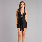 Damen Elegantes Wickelminikleid mit tiefem V-Ausschnitt und modischem Gürtel R&B