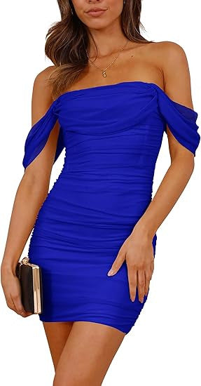 Damen figurbetontes Wickelkleid mit schulterfreiem Design R&B