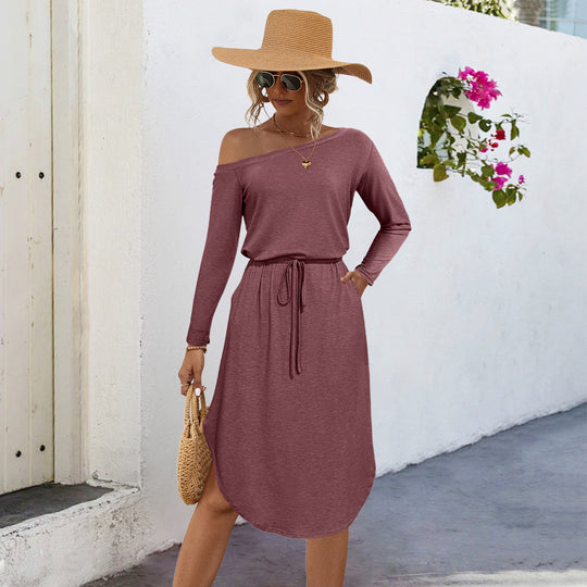 Damen lässiges Off-Shoulder Kleid mit elastischem Bund und langen Ärmeln R&B