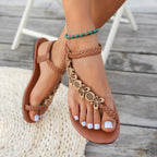 Damen Zehenstegsandalen mit geflochtenem Riemendesign und floralem Schmuck R&B