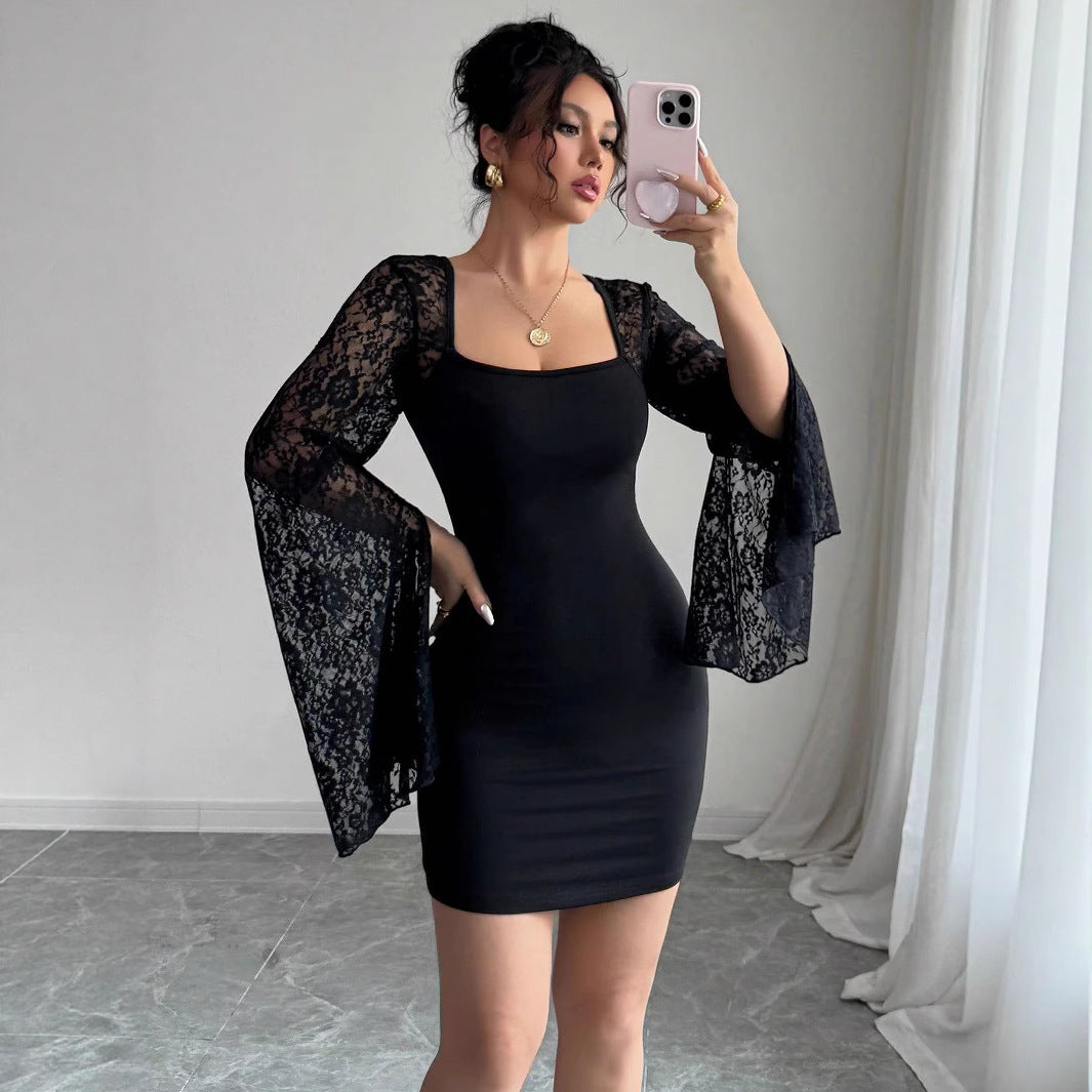 Damen Elegantes Minikleid mit Spitzenärmeln R&B