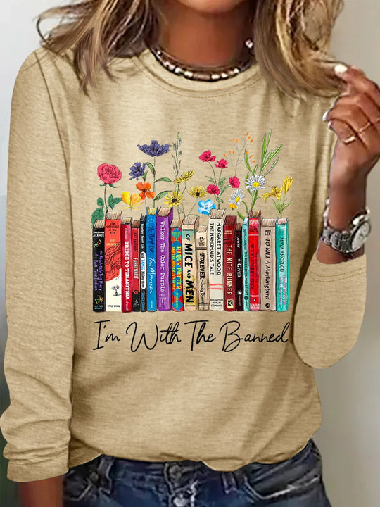 Damen Langarmshirt mit Bücher- und Blumenmotiv R&B