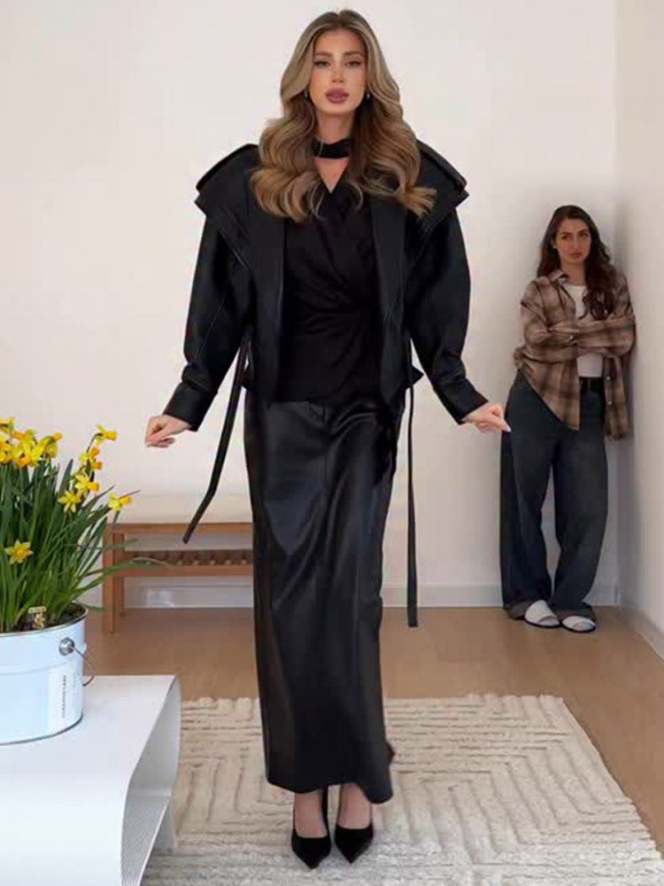 Damen elegante Kunstlederjacke mit voluminösen Ärmeln R&B