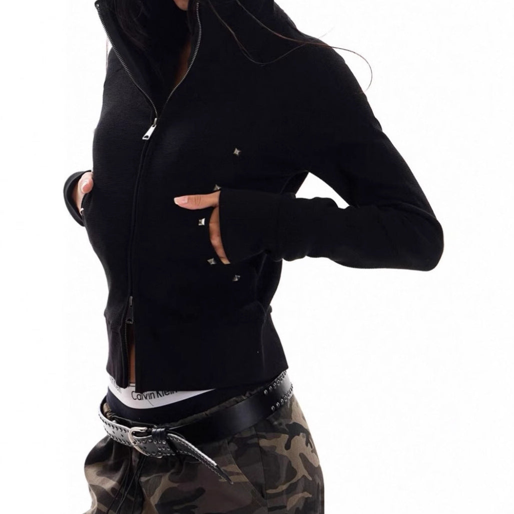 Damen Modische Kapuzenjacke mit dekorativen Nieten und figurbetontem Schnitt R&B