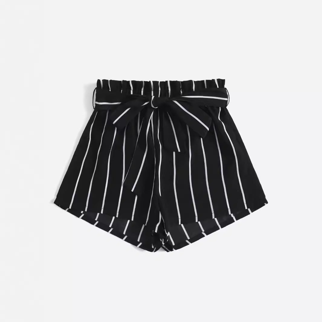 Damen gestreifte Freizeit-Shorts mit elastischem Bund und Bindegürtel R&B