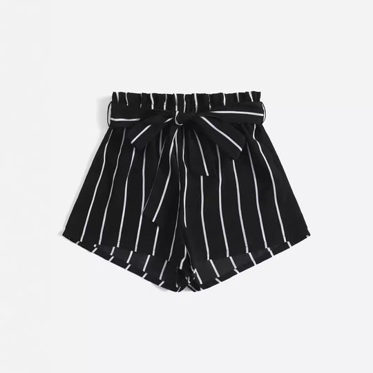 Damen gestreifte Freizeit-Shorts mit elastischem Bund und Bindegürtel R&B