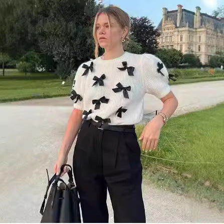 Damen modischer Strickpullover mit Puffärmeln und dekorativen Schleifen R&B
