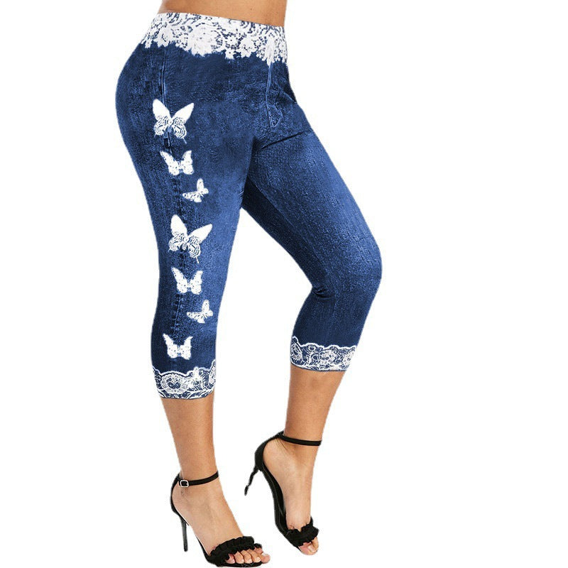 Damen Leggings im Jeans-Look mit einzigartigem Schmetterlingsdesign R&B