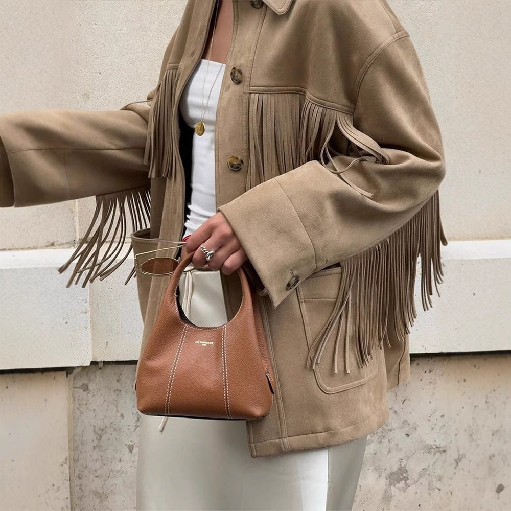 Damen geschmackvolle Kunstlederjacke mit Fransen R&B