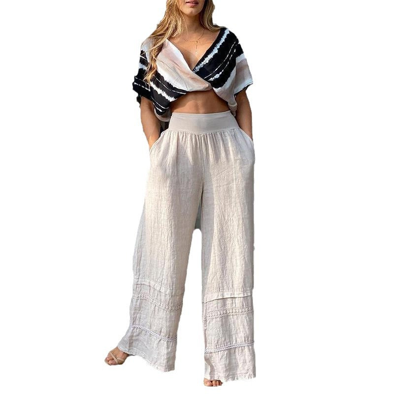 Damen weite Leinenhose mit eleganten Rüschendetails R&B