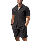 Herren nan modernes Kurzarm-Hemden-Set im Resortstil mit aufgesetzten Pattentaschen, offenem Reverskragen und Kordelzug-Bermuda aus Strukturjersey R&B
