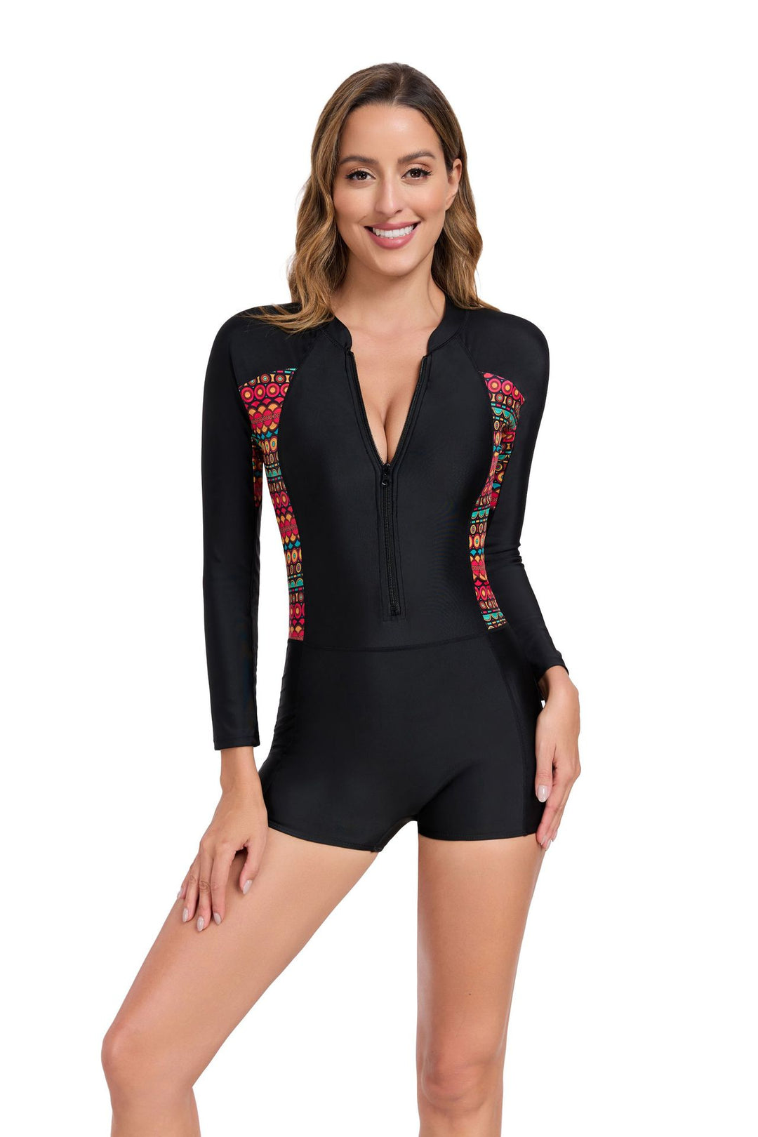 Damen Sportlicher Langarm-Badeanzug mit buntem Design R&B