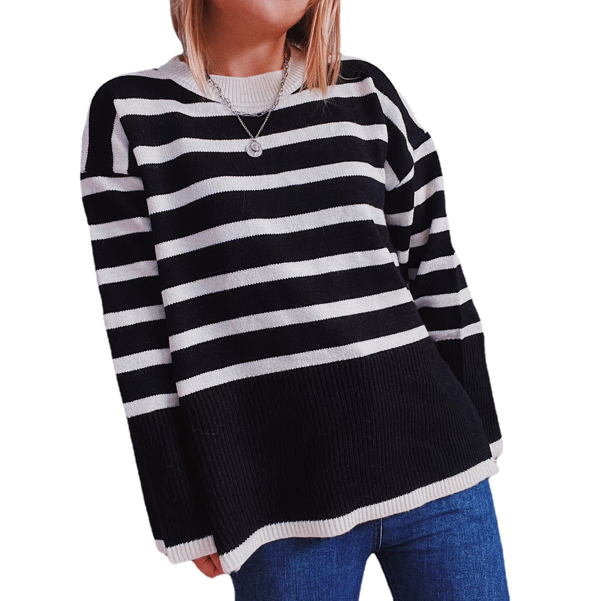 Damen lässiger Strickpullover mit modernem Streifenmuster und feiner Rippstruktur R&B