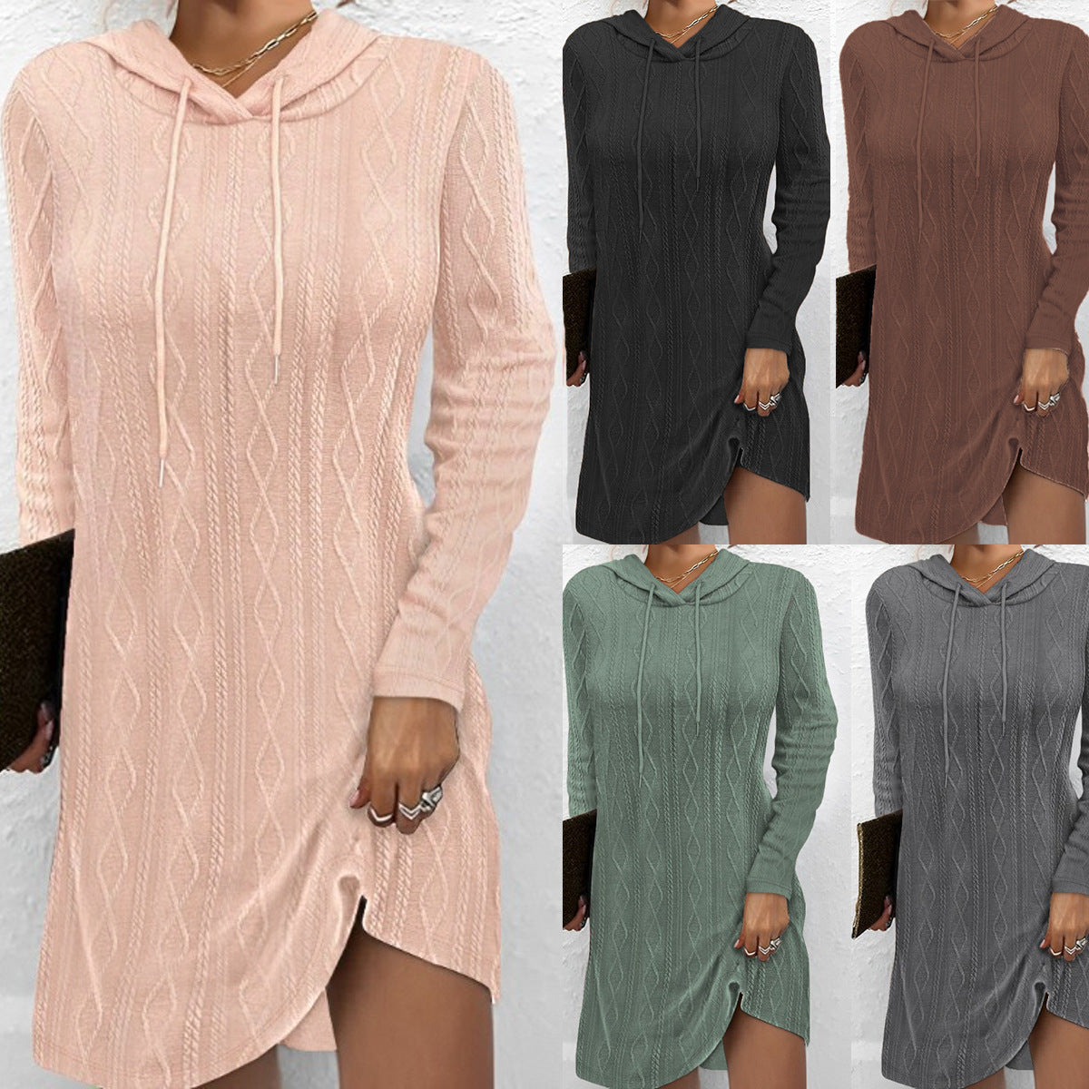 Damen Hoodie-Kleid mit strukturiertem Strickmuster und praktischen Seitentaschen R&B