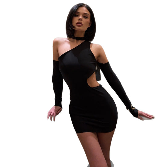 Damen Elegantes Cut-Out Minikleid mit asymmetrischem Schnitt und langen Ärmeln R&B