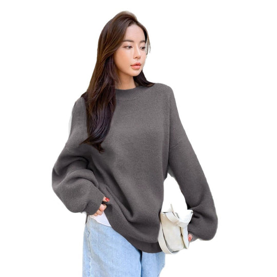 Damen oversized Strickpullover mit Rundhalsausschnitt und breiten Ärmeln R&B