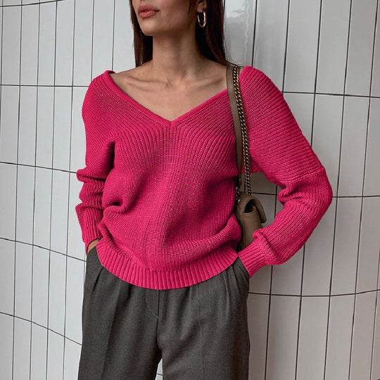 Damen eleganter V-Ausschnitt Pullover mit feiner Rippenstruktur und überschnittenen Schultern R&B