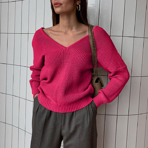 Damen eleganter V-Ausschnitt Pullover mit feiner Rippenstruktur und überschnittenen Schultern R&B